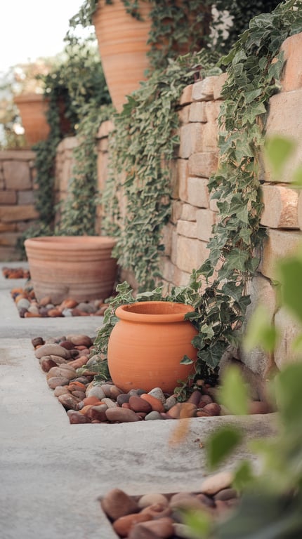 Terracotta planters surrounded by assorted smooth river rocks and fieldstone.