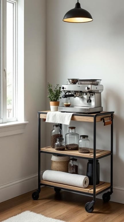 A stylish mobile coffee bar cart with leather handles, featuring an espresso machine and jars of coffee beans.