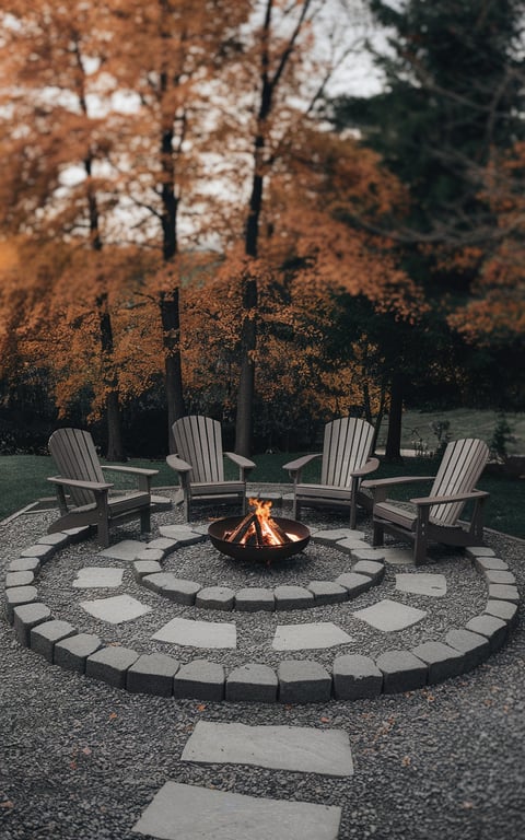 A cozy backyard fire pit circle surrounded by wooden chairs and a stone border.