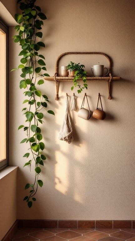 Boho rattan coffee bar shelf with macrame hooks, featuring plants and mugs
