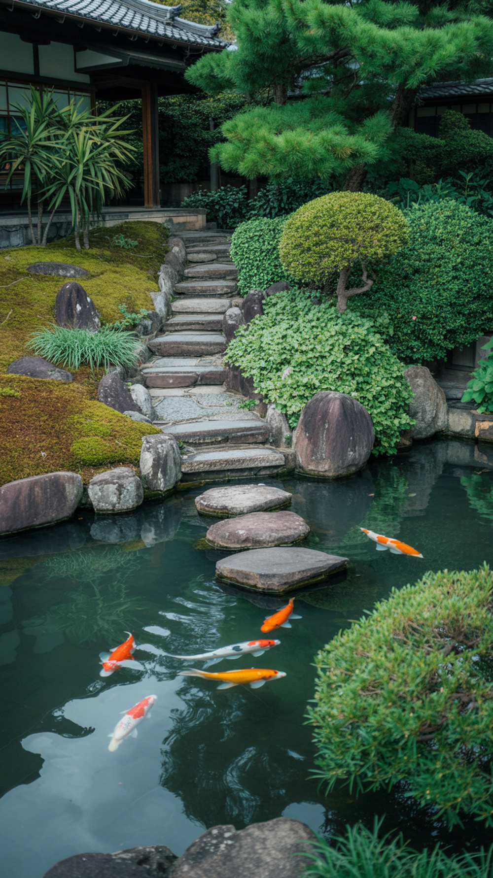 A serene Japanese garden featuring a pond with koi fish, stepping stones, and lush greenery.
