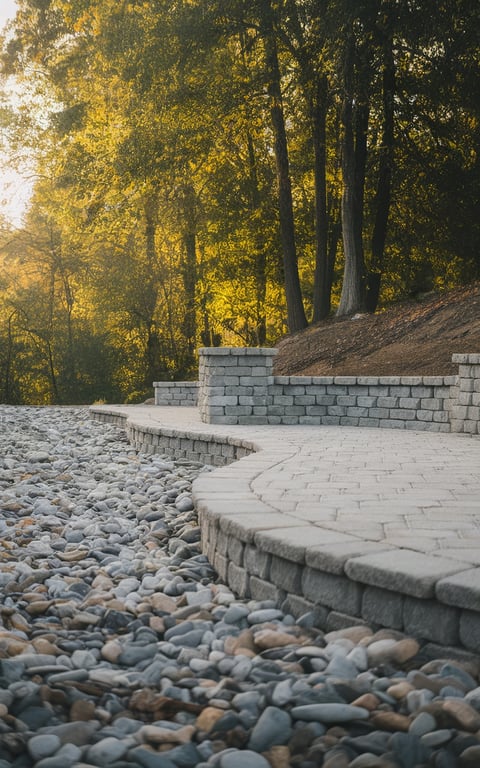 A beautifully designed walkout basement patio with stone pathways and river rocks.