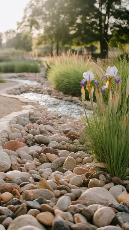 A serene river bed landscape featuring smooth stones, grasses, and blooming irises.