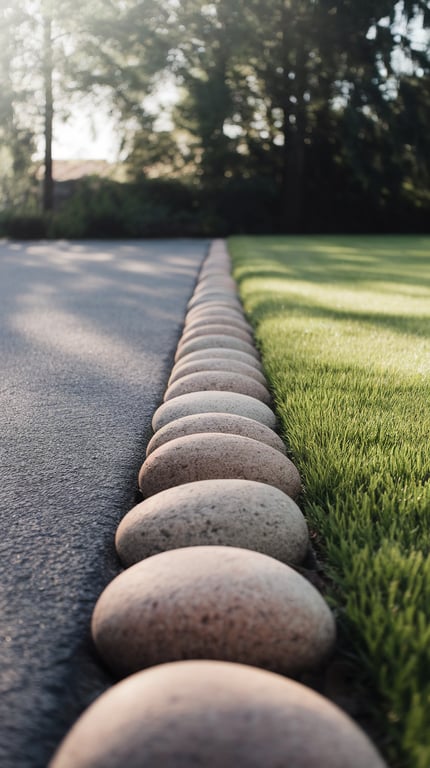 River rock border along a driveway with grass on one side