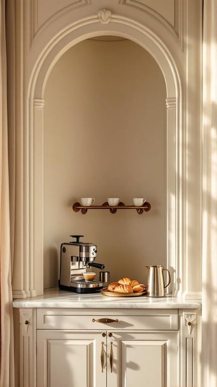 A stylish coffee bar featuring an espresso machine, cups, and croissants under decorative molding.