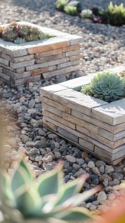 Elevated planters made from reclaimed stone surrounded by assorted smooth river rocks.