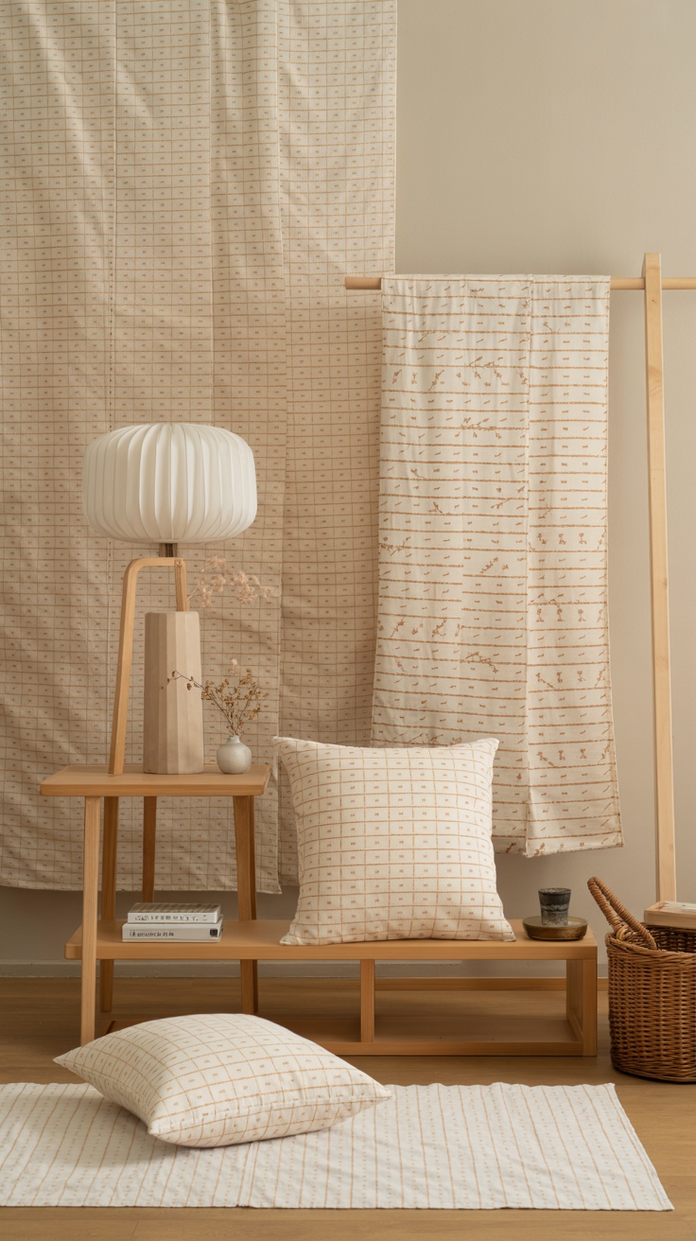 A cozy interior featuring subtle patterned textiles, including curtains, pillows, and a lamp on a wooden table.