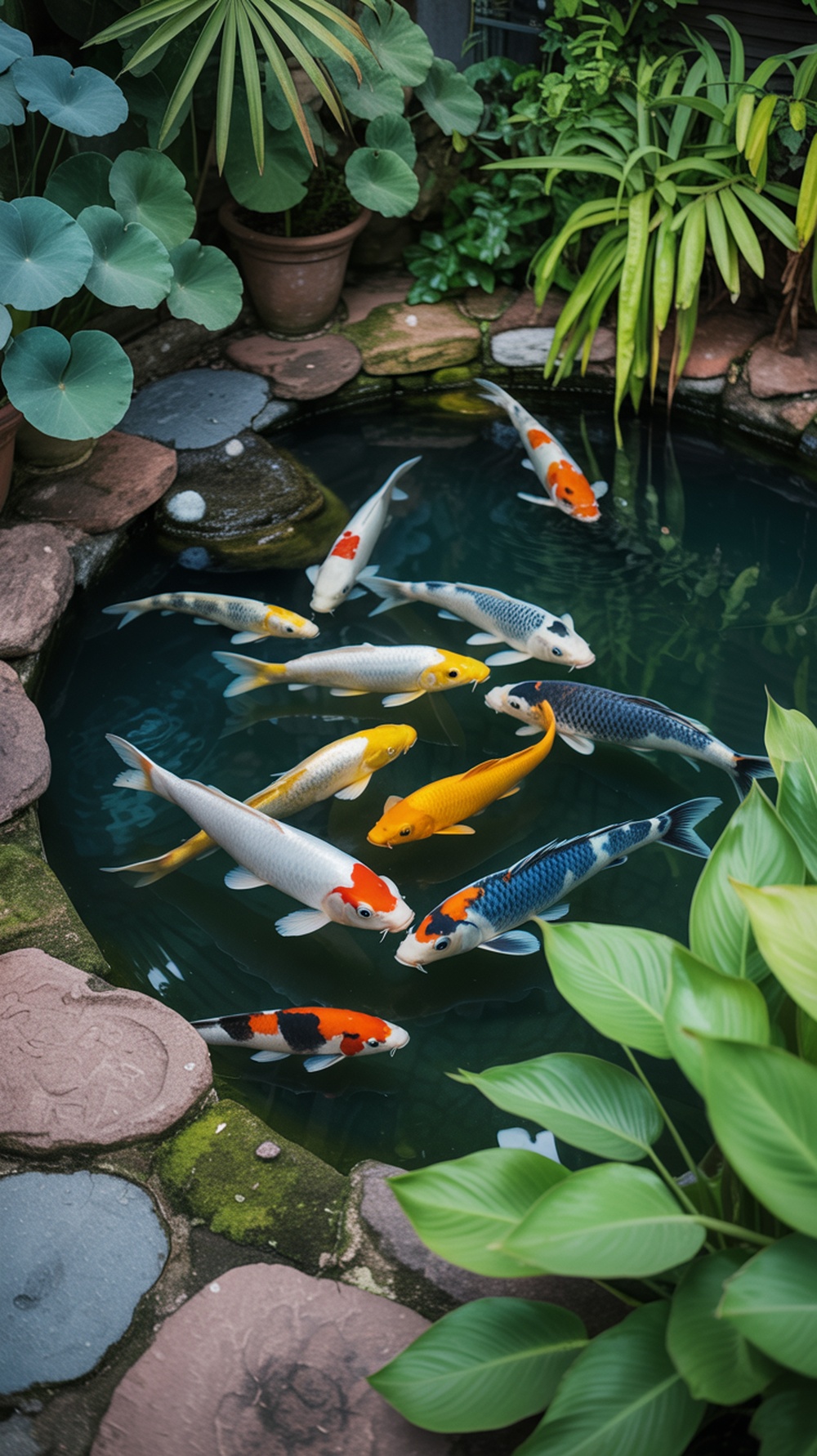 A serene koi pond with colorful koi fish surrounded by lush greenery and stepping stones.