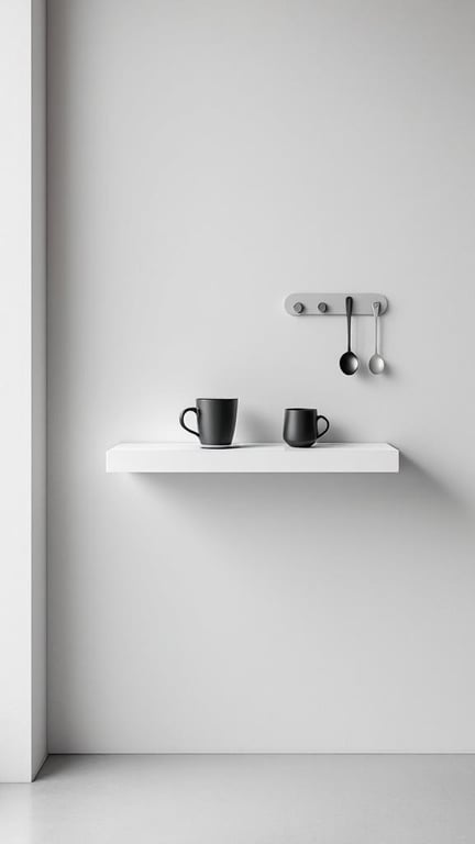 Minimalist coffee bar shelf with two black mugs and a spoon holder on a white wall.