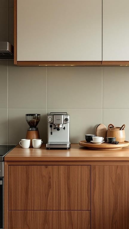 A stylish kitchen counter featuring a coffee bar setup with teak veneer.