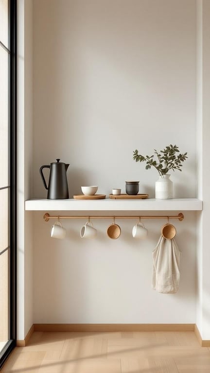 A minimalist coffee station featuring a black kettle, white cups, and bamboo trays, set against a light wall.