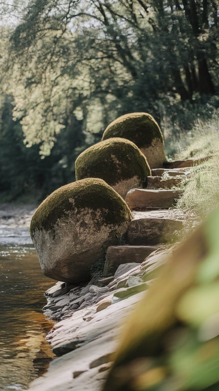 Mossy boulders along a river bank with a natural landscape.