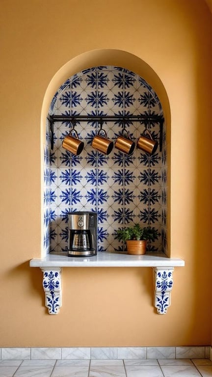 A cozy coffee bar niche featuring Spanish tiles and an arched recess.