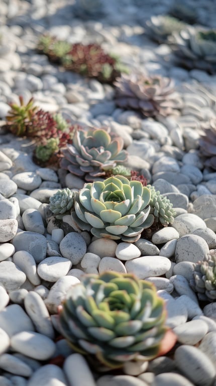 A close-up of a succulent-filled garden with assorted smooth river rocks.
