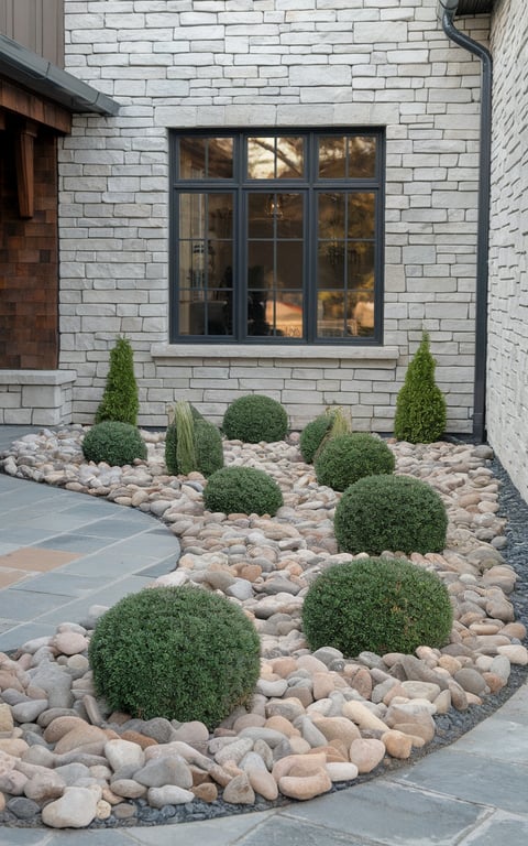 A landscaped front yard featuring round shrubs and an arrangement of river rocks.