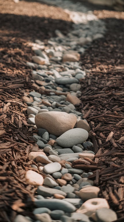 A winding dry creek bed made of river rocks surrounded by mulch.