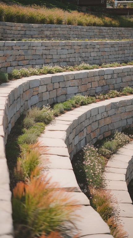 Terraced landscaping with stone walls and plants on a slope.