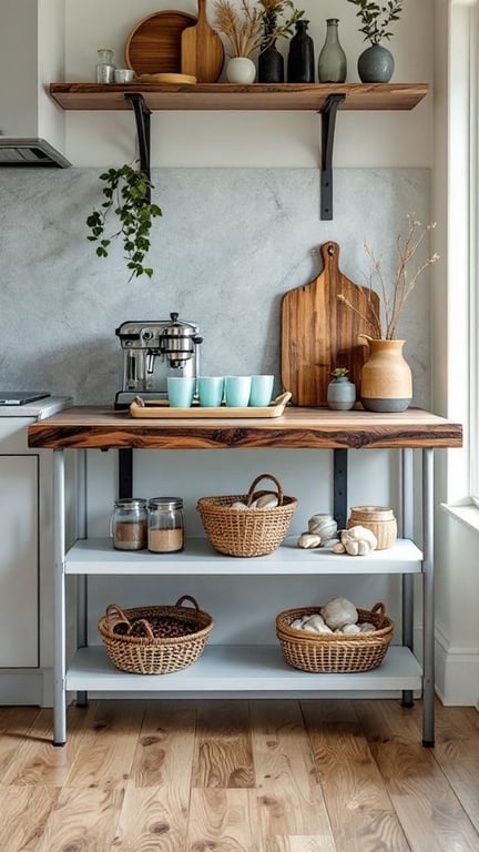 Coastal coffee bar with live edge countertop, featuring shelves with decor and coffee essentials.