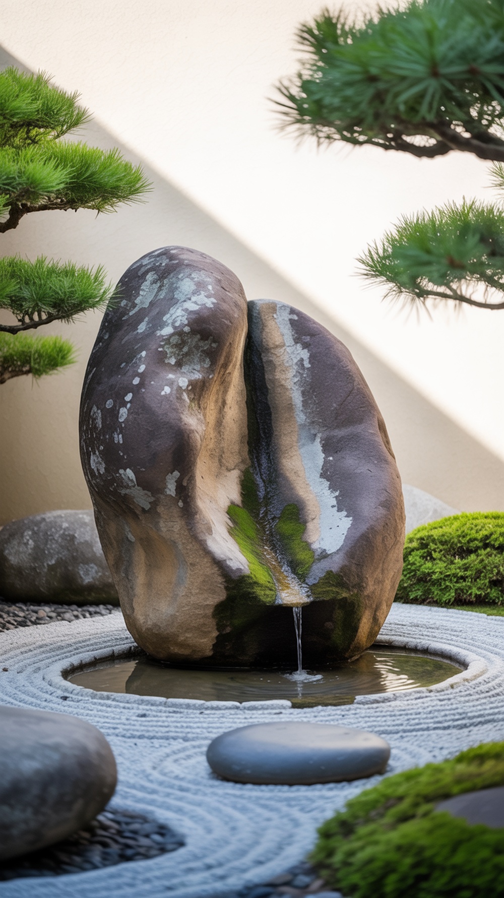 A natural stone feature in a Japanese garden with water flowing from it, surrounded by greenery.