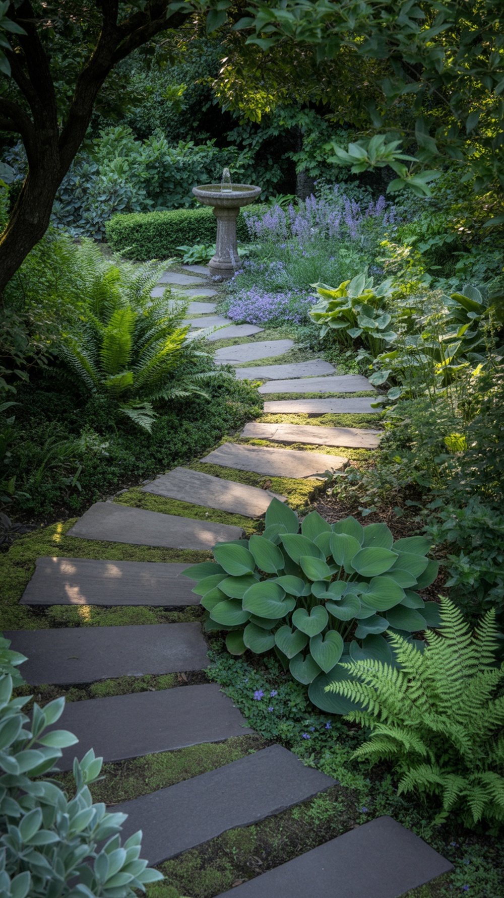 A serene Japanese garden pathway with stone slabs surrounded by lush greenery and flowers.