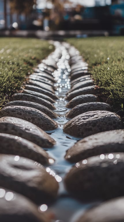 Narrow creek bed with polished cobbles and water flowing through