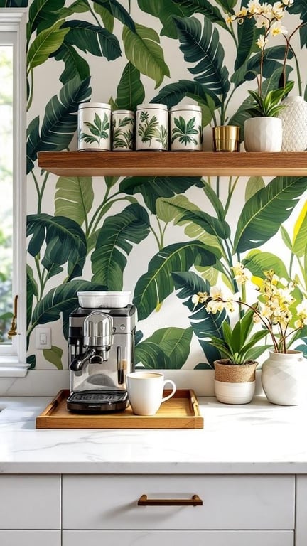 Tropical indoor coffee bar station with banana leaf print wallpaper, featuring a coffee machine, mugs, and decorative plants.