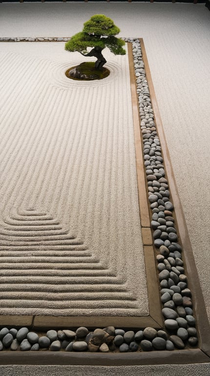A minimalist Zen garden featuring a small tree and carefully arranged river rocks.