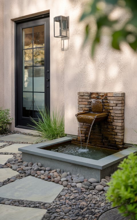 A courtyard fountain with a stone basin and river rocks around it.