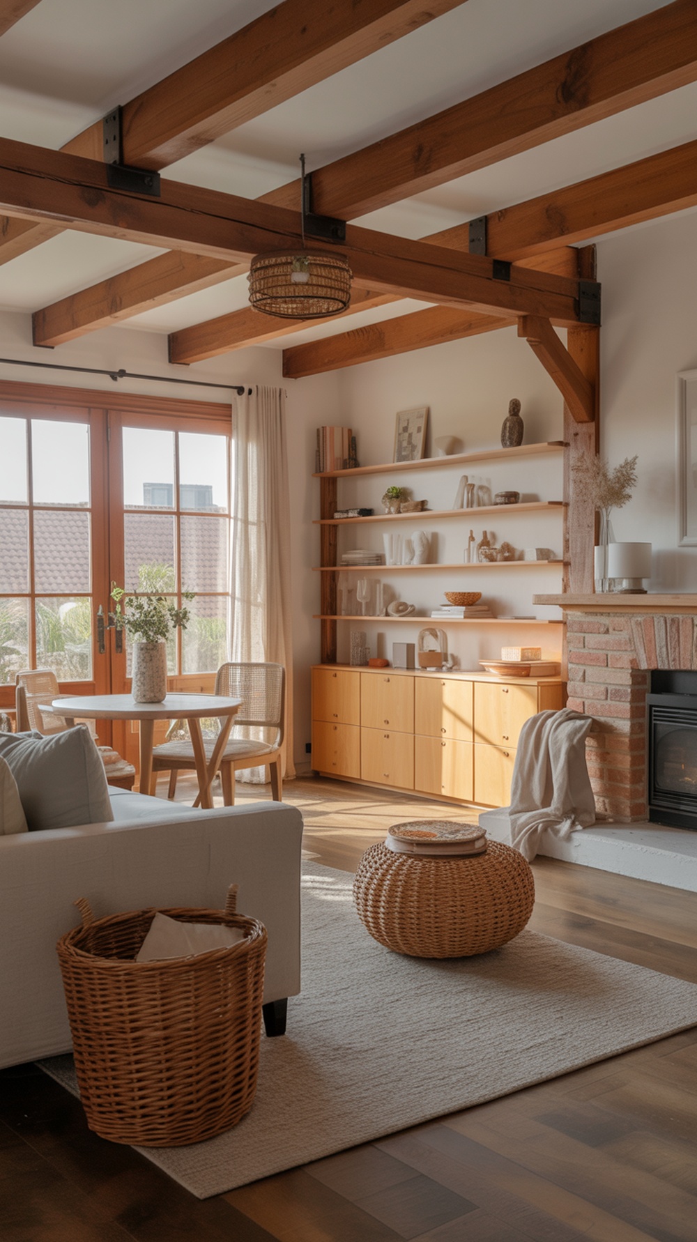 A cozy living room featuring natural wood elements, including beams, shelves, and furniture, creating a warm and inviting atmosphere.