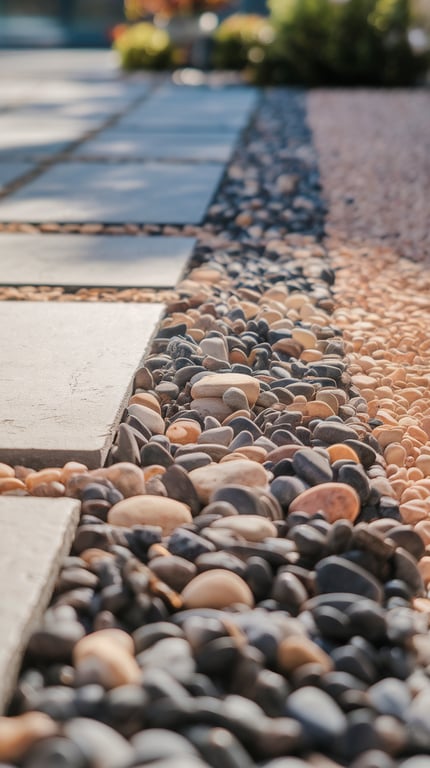 A close-up view of a stone pathway bordered by mixed river rocks.