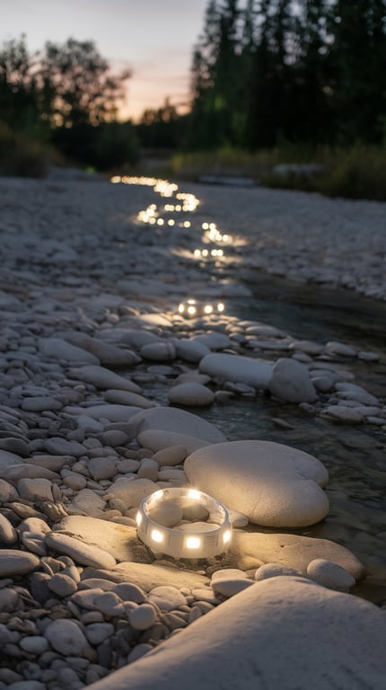 Accent lighting illuminating a smooth river rock dry creek bed