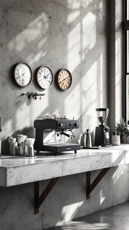 A modern coffee bar setup featuring a concrete counter and steel elements, with coffee equipment and decorative clocks.