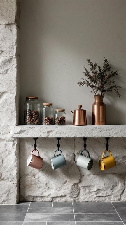 Alpine chalet coffee bar station featuring a stone shelf with colorful mugs and jars.
