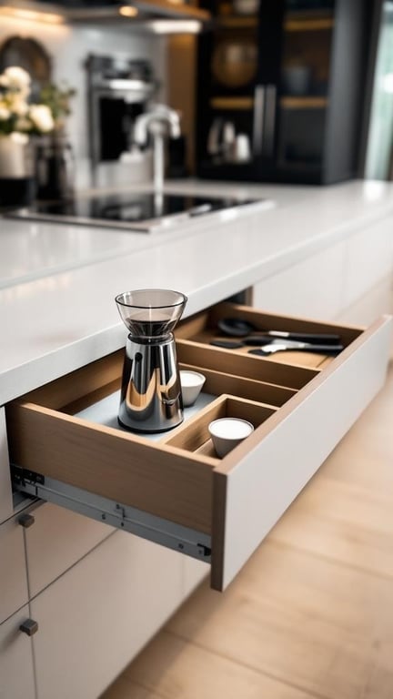 A pull-out coffee bar drawer under a quartz counter featuring a coffee maker and cups.
