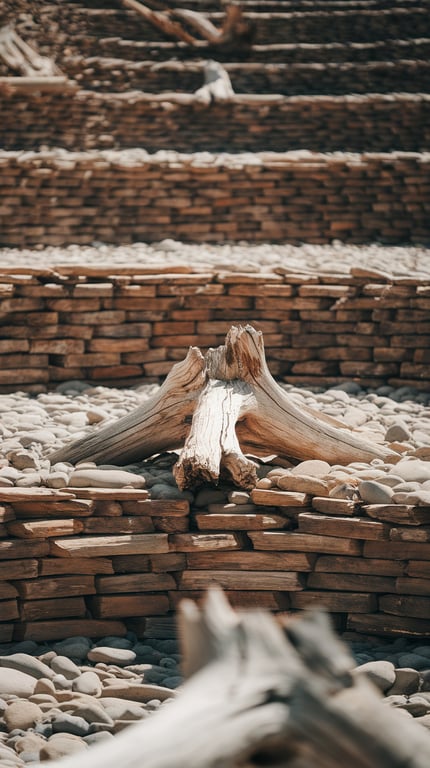 Layered dry river bed landscape featuring driftwood and assorted smooth river rocks.