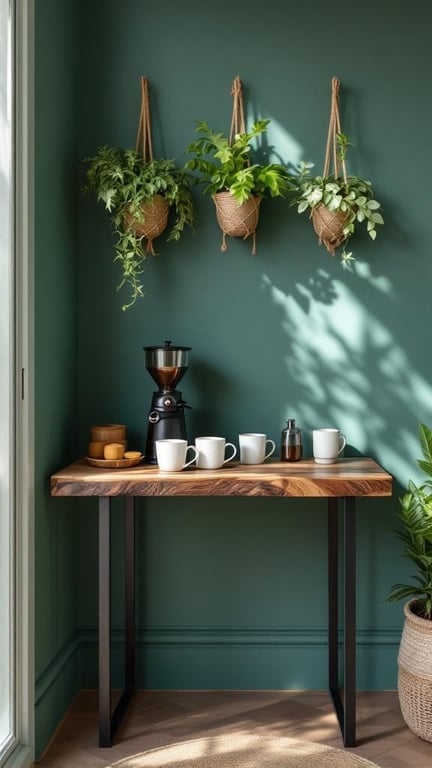 Cozy coffee bar nook with potted ferns and a wooden table.