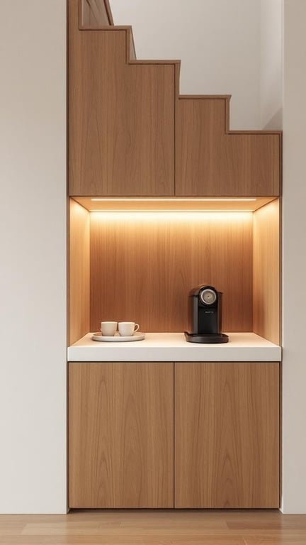 Fold-down coffee bar under a staircase with integrated lighting