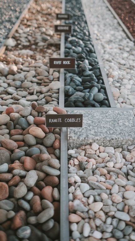 A variety of landscaping rocks displayed in a rockery, labeled with names like River Rock and Ranite Cobbles.