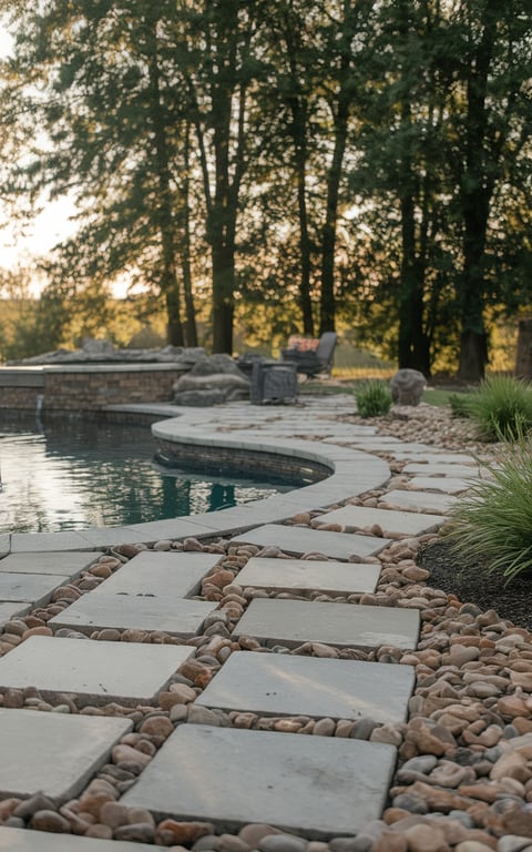 A serene pool area surrounded by stone pathways and scattered river rocks.