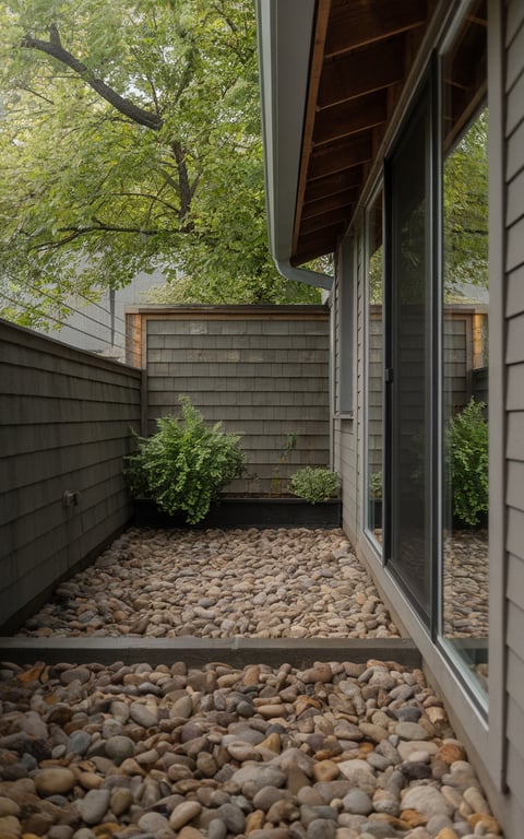 A side patio featuring river rock groundcover with greenery and a wooden fence.