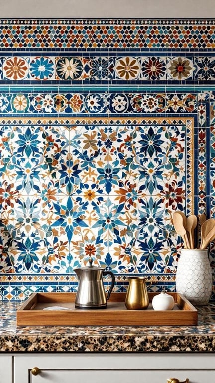 Colorful Moroccan mosaic tiles on a kitchen counter with coffee accessories.