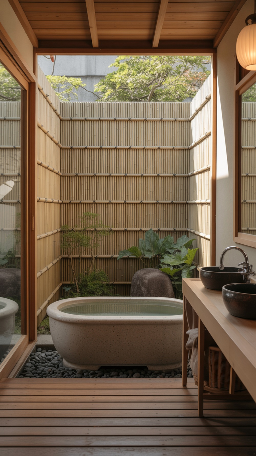 A serene Japanese style bathroom featuring a soaking tub, bamboo walls, and natural greenery.