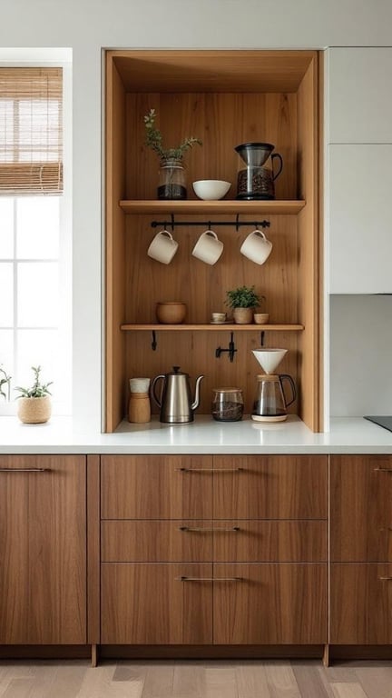 Eco-friendly built-in coffee bar made from recycled bamboo with coffee equipment and plants.