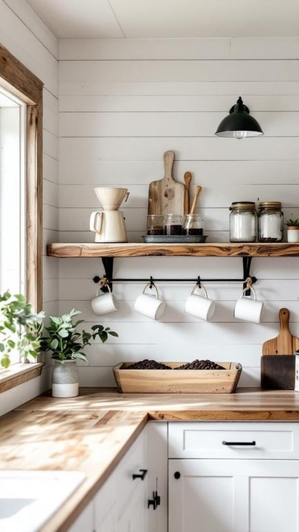 Coastal farmhouse coffee bar featuring shiplap walls and a driftwood shelf with coffee accessories.