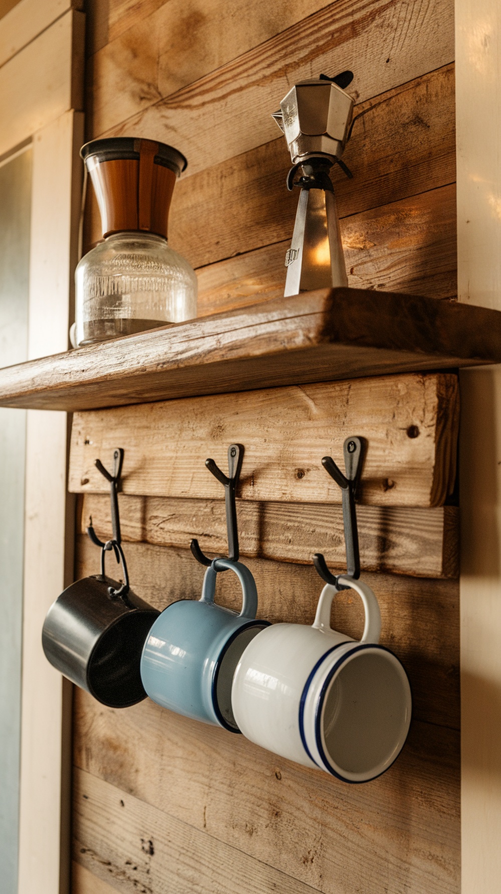 A rustic coffee station with a reclaimed beam shelf and hooks displaying mugs.