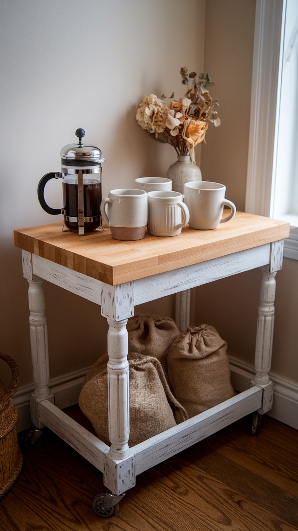 A rolling farmhouse coffee bar cart with a butcher-block top, featuring mugs and a French press.