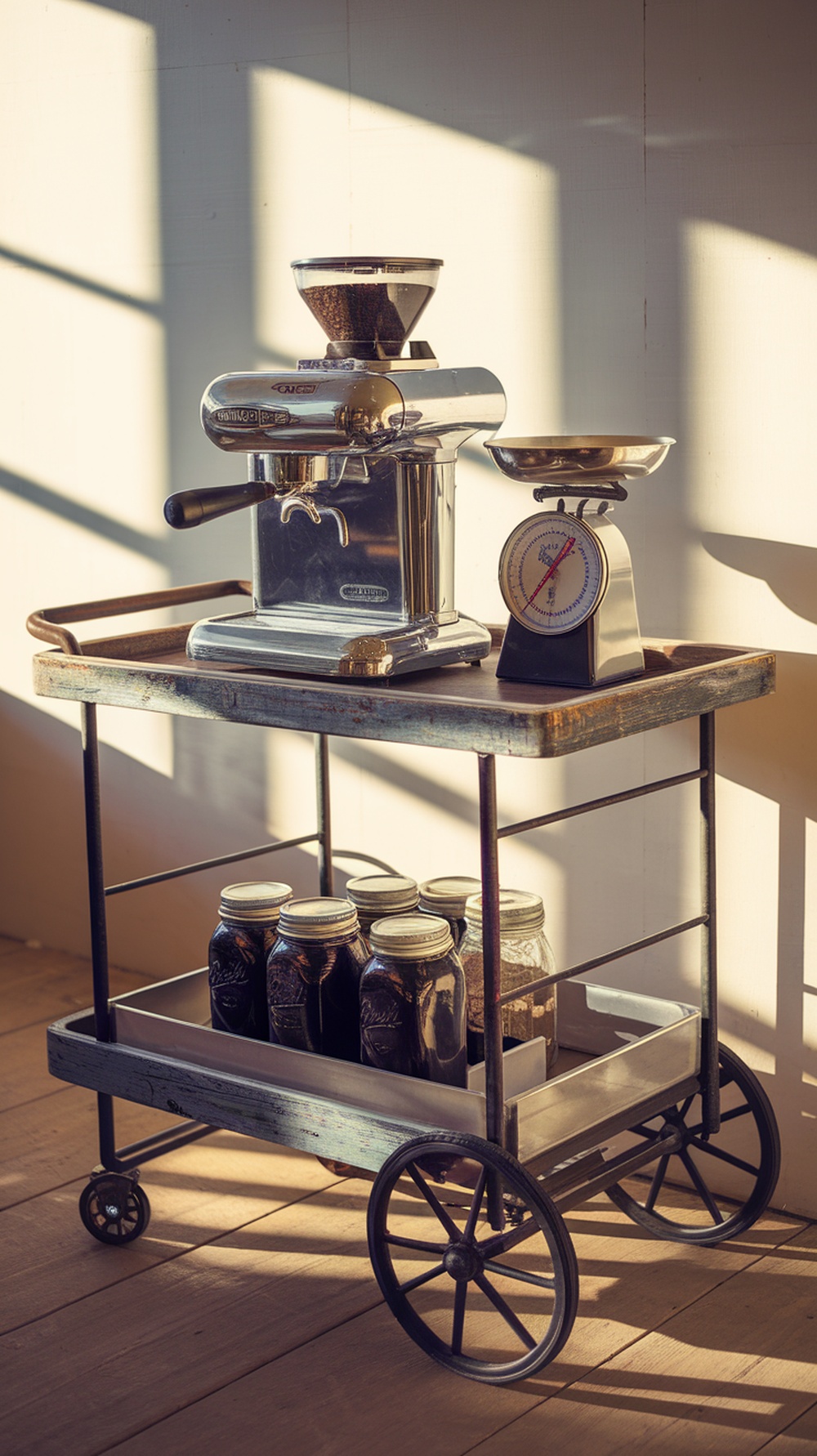 A rustic bar cart with a coffee grinder, scale, and jars of coffee on weathered wheels.