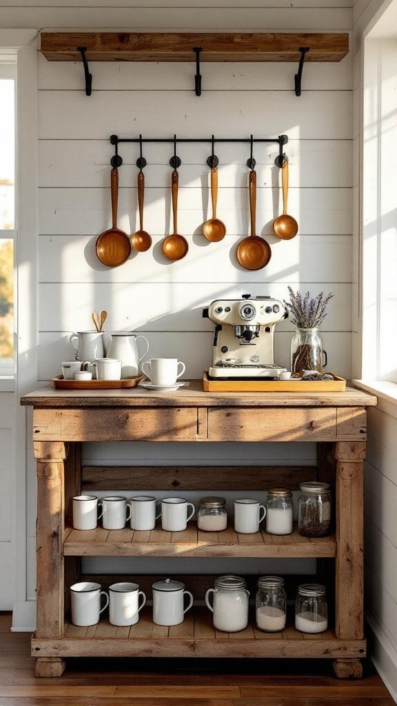 Rustic farmhouse coffee bar with reclaimed barn wood, featuring coffee cups and a coffee machine.