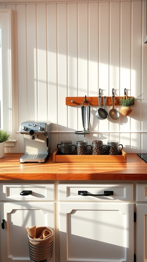 Rustic farmhouse coffee bar station with beadboard backdrop and wooden accents.