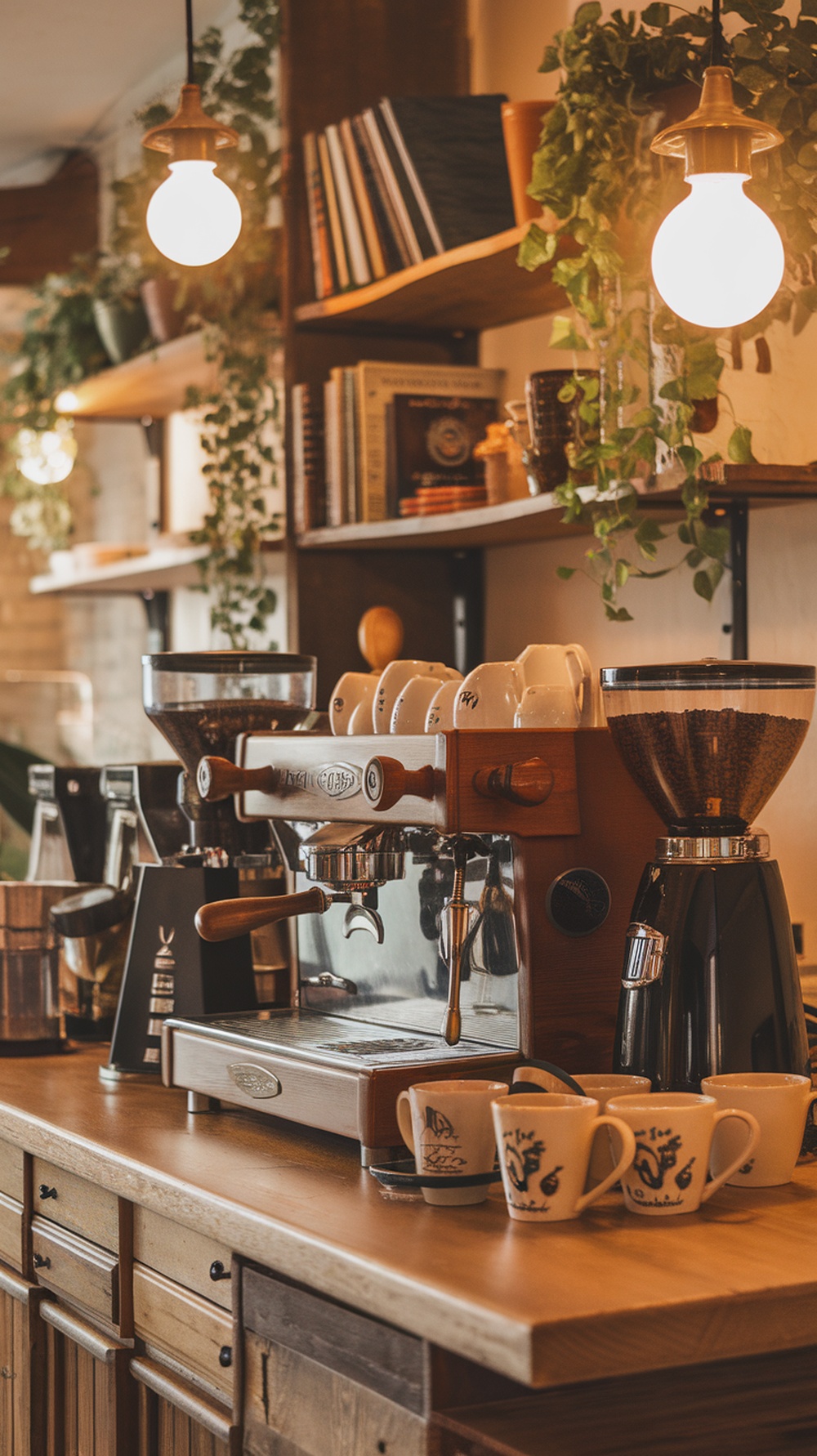 A rustic wooden coffee bar setup with coffee machines, mugs, and floating shelves adorned with plants and books.